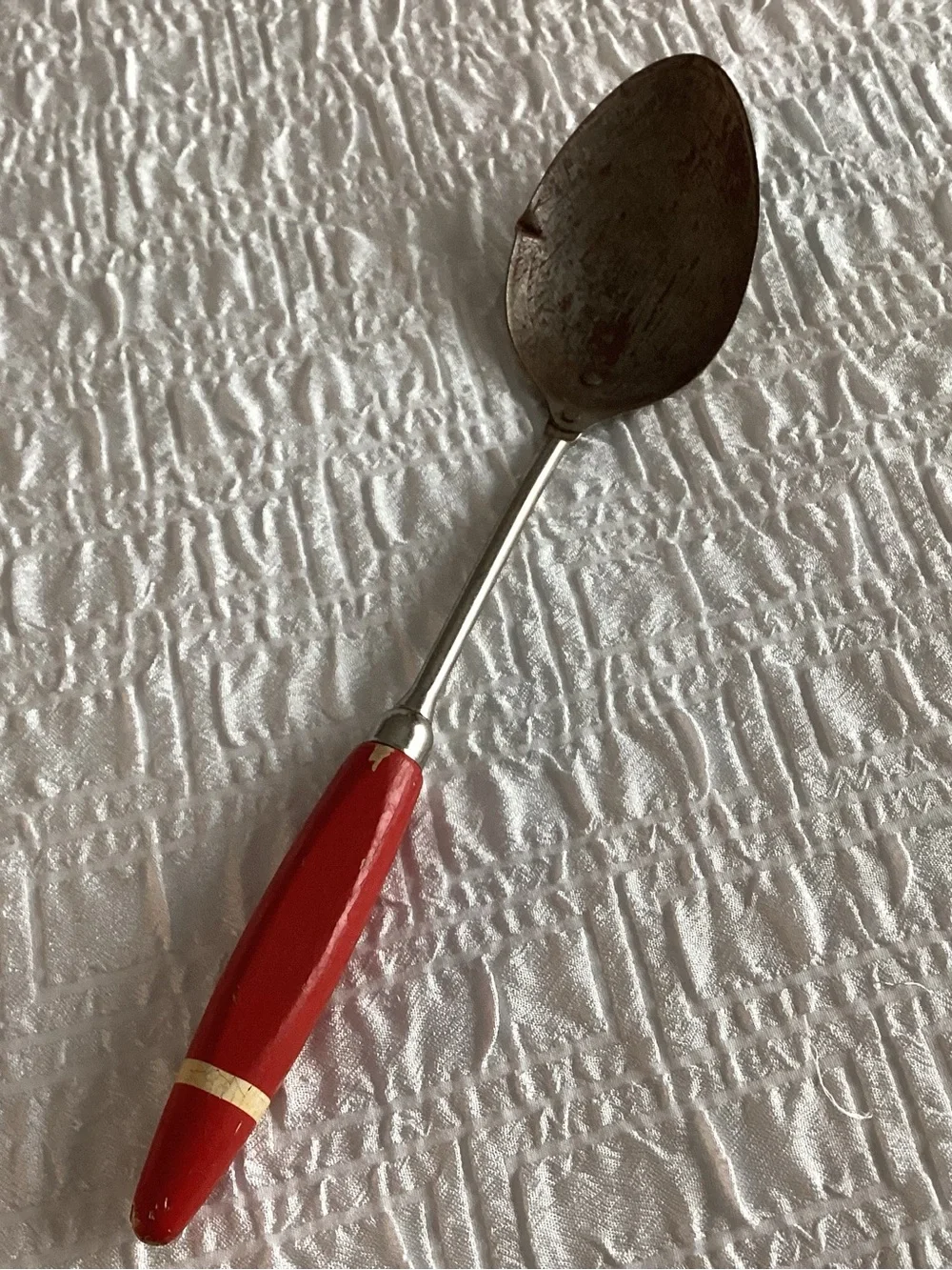 Vtg. Ekco A & J or Ekcoline stainless steel Serving Spoon with red wooden handle
